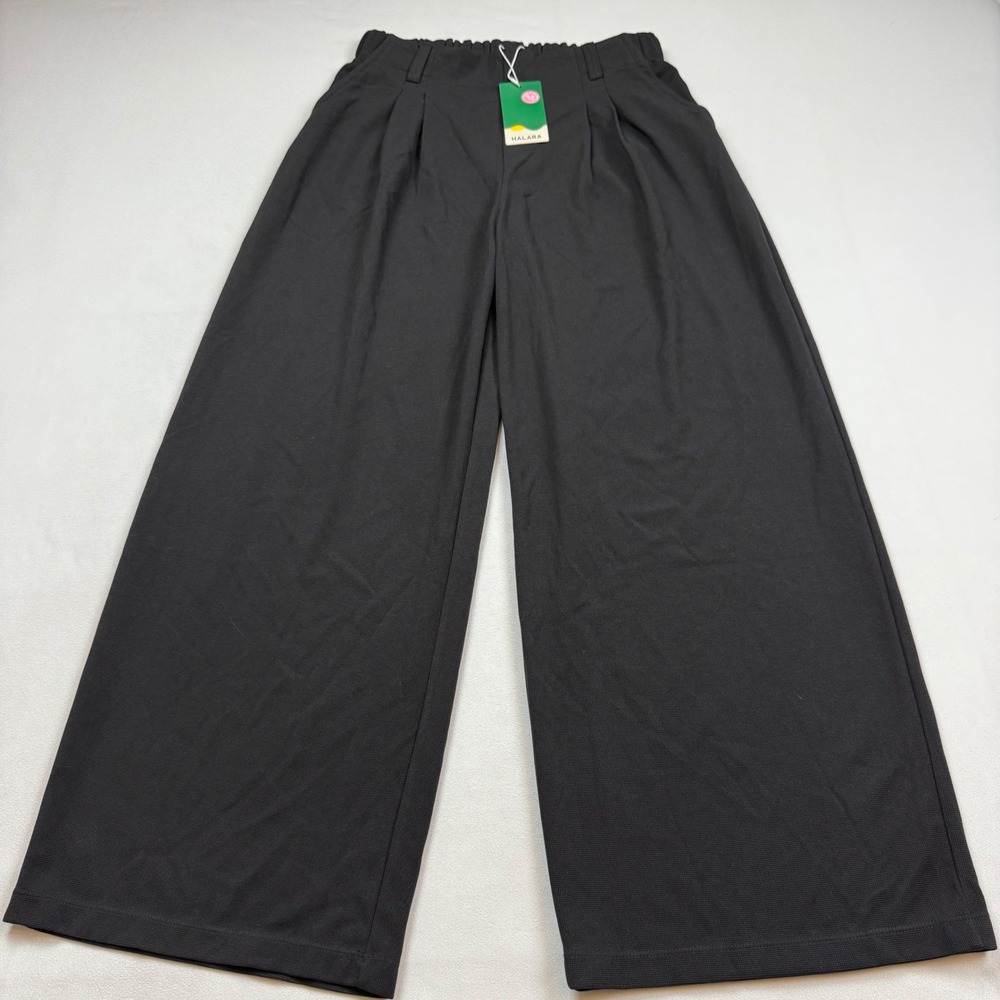 Halara Flex High Waisted Wide Leg Pleated Trousers Waffle Knit Pants Large Black